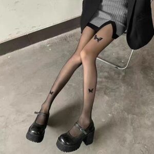 Black Butterfly Printed Pantyhose - Black