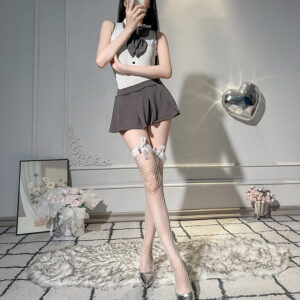 Fishnet Stockings with Bow - White